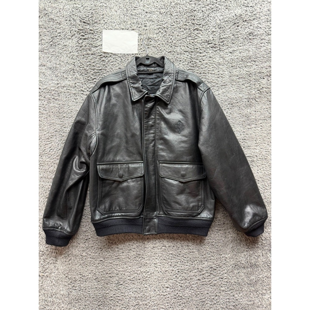 Ferrari Logo Embroidered Genuine Leather Flight Bomber Jacket Black Mens Size L